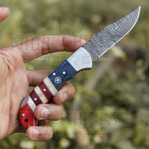 6.5" Handmade Damascus Pocket Knife - Folding Pocket Knife - Texas Flag Handle WH 5031