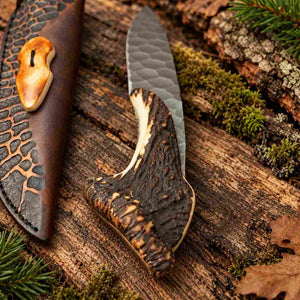 Handmade Hammered D2 Hunting Knife with Stag Antler Handle and Leather Sheath