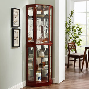 6 Shelf Corner Curio Display Cabinet with Lights and Adjustable Shelves - Dark Brown, Dark Red, Light Brown