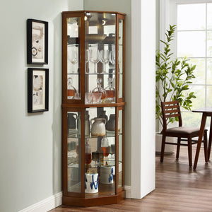 6 Shelf Corner Curio Display Cabinet with Lights and Adjustable Shelves - Dark Brown, Dark Red, Light Brown