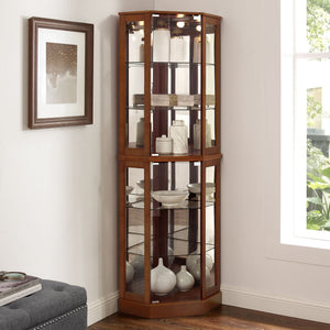 6 Shelf Corner Curio Display Cabinet with Lights and Adjustable Shelves - Dark Brown, Dark Red, Light Brown