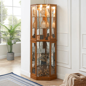 6 Shelf Corner Curio Display Cabinet with Lights and Adjustable Shelves - Dark Brown, Dark Red, Light Brown