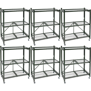 Origami R3 Foldable 3-Tiered Shelf Storage Rack & Wheels, Pewter (6 Pack)