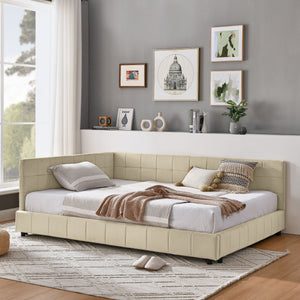 Mid-Century Storage Upholstered Tufted Bed Frame with Backrest and Armrests