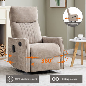 Khaki Heat Massage Manual Recliner Chair with Rocker and Swivel in Fabric for Living Room