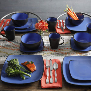 Gibson Elite Soho Lounge 16 Piece Plates, Bowls, & Mugs Dinnerware Set, Blue - TRAPSKI