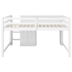Low Loft Bed With Built In Desk, Storage Cabinets, Open Bookcase And Doodle board