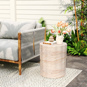Elegant Indoor/Outdoor Lightweight Concrete Side Table With Travertine - Beige