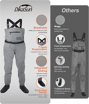 DikaSun Breathable Stocking Foot Waders for Fly Fishing (Lightweight Unisex Design for Men & Women)