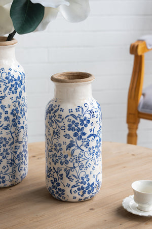 D5.7x12.5' Blue and White Ceramic Accent Vase with Traditional Floral Motifs