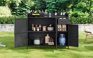 K&K 47.5"W Wicker Outdoor Storage Cabinet with Tempered Glass Top