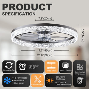 23.6" Ceiling Fan with Lights, Remote and App Control