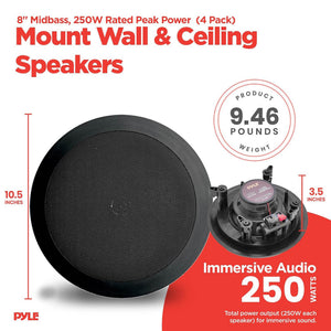 2) NEW Pyle PDIC81RDBK 250W 8 Inch Flush In-Wall In-Ceiling Black Speakers Pair