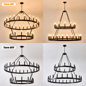 2 Tiers Wagon Wheel Chandelier Wooden Farmhouse 36 Light (24 / 12) Or (12 / 24) Metal Chandeliers 2 Story Light Fixtures Industrial For High Ceiling Living Dining Room Foyer, Adjustable Height - Black