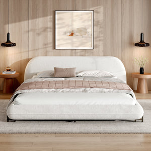 Queen Size Upholstered Bed Frame with Boucle Fabric and Steel Legs