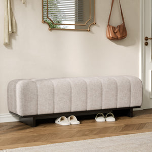 Indoor Dining Bench in Oatmeal Chenille Fabric with Rubber Wood Legs