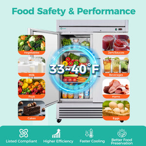 54" Commercial Refrigerator 49 Cu.Ft Stainless Steel 2 Door Reach-In Fridge