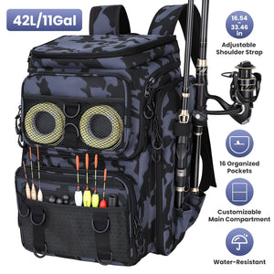 42L/11Gal Fishing Backpack Large Capacity Fishing Tackle Storage Bag with Rod Holders 16-Pocket Water-Resistant with Divider Adjustable Padded Straps