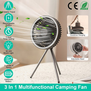 Camping Fan with Lantern 10000mAh Rechargeable Battery Powered Portable Tripod Fan for Tent with Hanging Hook Carabiner Emergency Power Bank Desk Fan