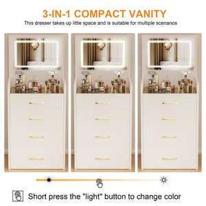 Compact 3 In 1 Vanity Desk With Open Top Mirror, Glass Desktop, 5 Height - White