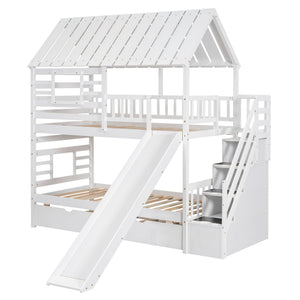 House Bunk Bed With Trundle, Storage Staircase, Roof And Window Design