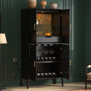U_STYLE Modern Fluted Wine Cabinet with Glass Display & Stemware Rack