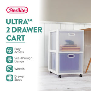Sterilite Ultra 2 Drawer Filing Storage Cart, Plastic Rolling Organizer, 2 Pack