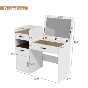 3-in-1 Vanity Desk with Flip Top Mirror, Glass Top Compact Makeup Vanity & Hidden Storage