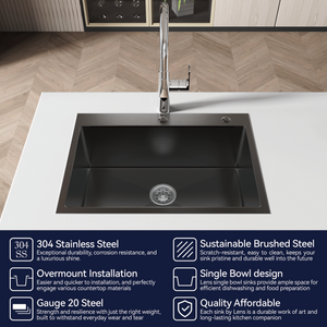 Stainless Steel Kitchen Sink, 27″x19″ Single Bowl, Overmount Handmade Sink