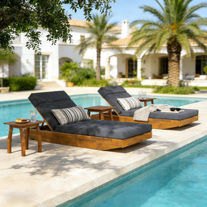Modern Acacia Wood Outdoor Chaise Lounge with Adjustable Headrest