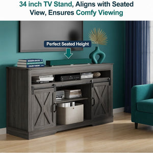 Farmhouse TV Stand With Sliding Barn Doors & Adjustable Storage