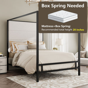 Canopy Bed With Tall Upholstered Headboard, 4 Poster Frame