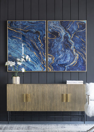 Framed Art Panels, Unique Marbled Design (Set of 2) - Blue