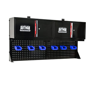 Wall Mounted Double Door Storage Cabinet With Tool Rack And Hooks, Stainless Steel - Black / Red