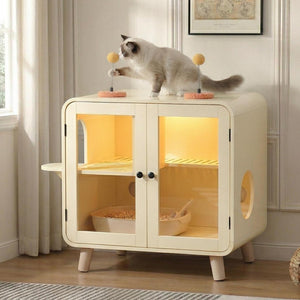 Cat Hidden Litter Box Enclosure with RGB LED Light and Glass Doors