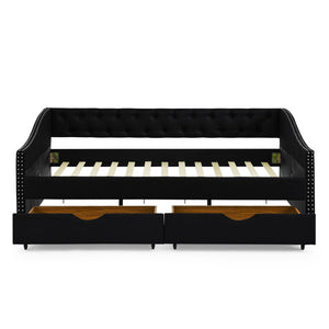 Upholstered Tufted Daybed With 2 Drawers, Waved Arms