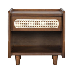 Walnut Nightstand with Rattan Detail, MDF + Solid Wood