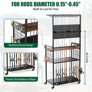 Fishing Rod Storage Rack With Pegboard, Rolling Tackle Organizer Cart - Black