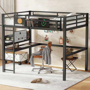 Full Size Loft Bed Frame with Desk and Charging Port