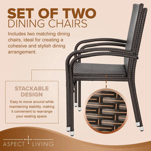 65464 Hialeah Wicker Dining Chair Set, Woven All Weather Steel Powder Coated Frame Lightweight Indoor Outdoor Porch Backyard Garden Balcony - Set of 2