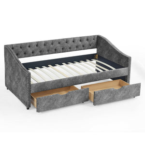 Upholstered Tufted Daybed With 2 Drawers, Waved Arms