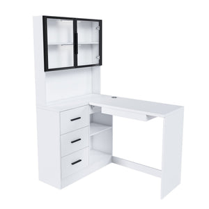 L-Shaped Computer Desk with Glass Cabinets, Built-In LED Lights, and USB Charging Ports