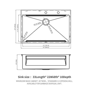 33" Drop In Kitchen Sink Single Bowl 16 Gauge Stainless Steel Ledge Workstation - Black