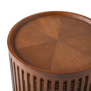 18.9" Round Wooden Side Table with Cylinder Lattice Design