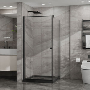 Corner Shower Enclosure with Frameless Pivot Door - Black