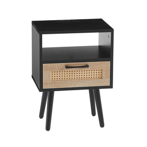 15.75" Rattan End Table With Power Outlet & USB Ports, Modern Nightstand With Drawer And Solid Wood Legs, Side Table For Living Room, Bedroom