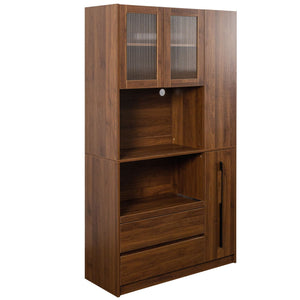 Tall Kitchen Pantry Cabinet With 4 Tier Side Shelf, 2 Drawers, Freestanding Food Hutch With Microwave Stand For Dining Room - Walnut