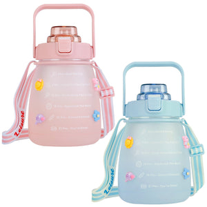 Kawaii Water Bottle with Straw 37.2oz Large Capacity Portable Sports Bottle with Cute Three-Dimensional Stickers