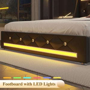 Wingback Upholstered Bed Frame With LED Lights, Charging Station