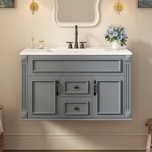 36 Inch Wall Mounted Bathroom Cabinet with Ceramic Sink and Drawers